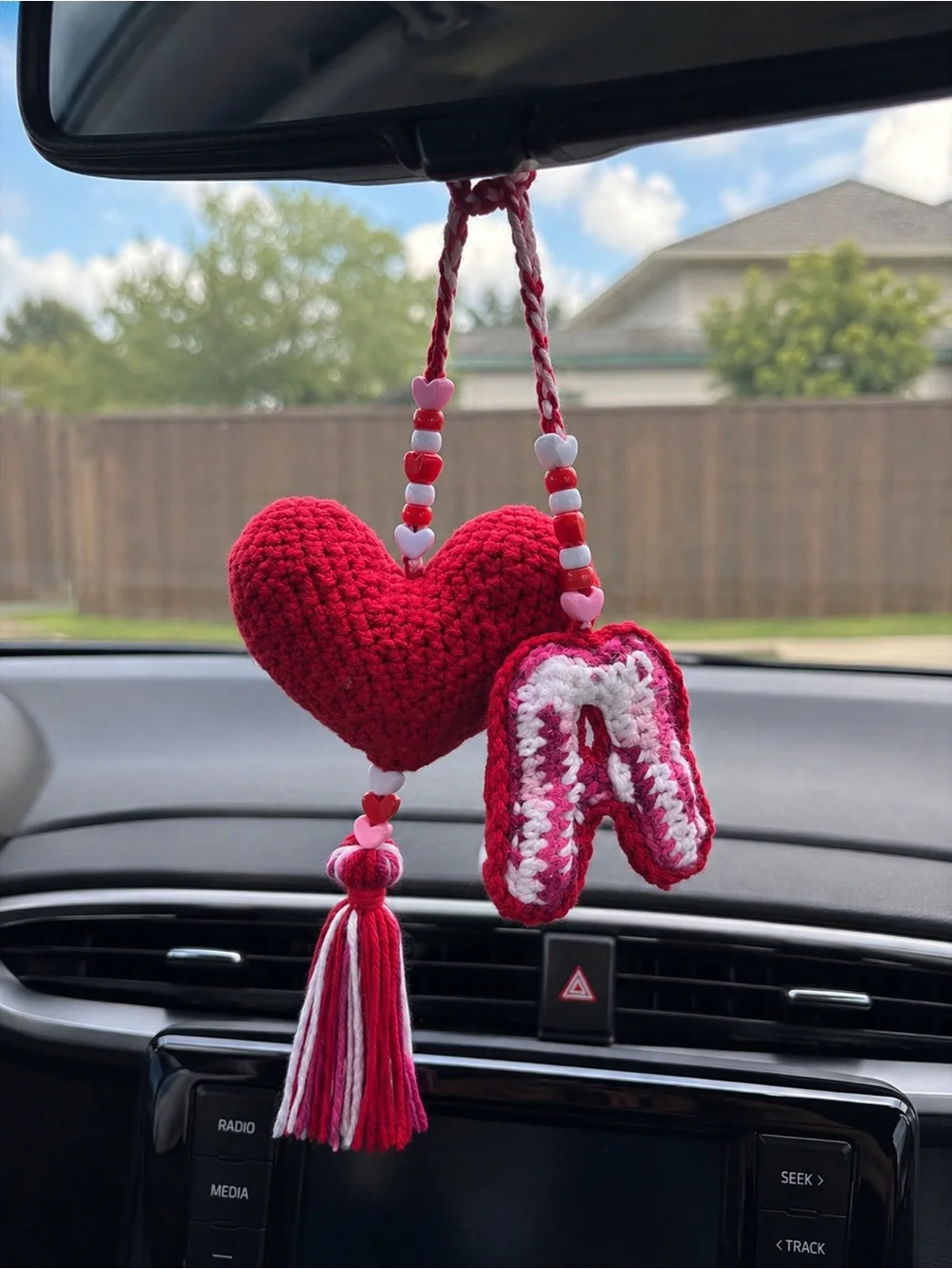 Red Crochet Heart Keychain with Pink Letter A Charm